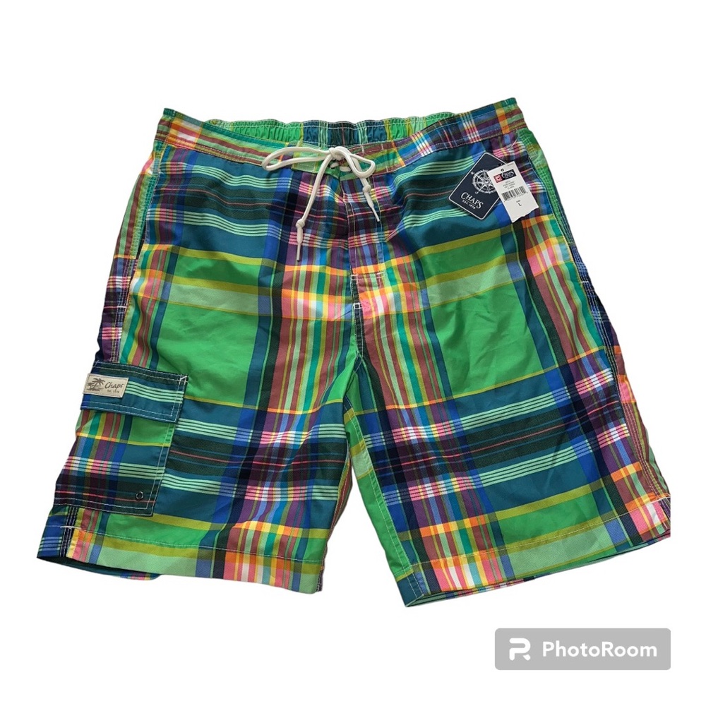 CHAPS Plaid Swim Trunks New Elastic Waist Cargo Pocket Tie Front Sz L